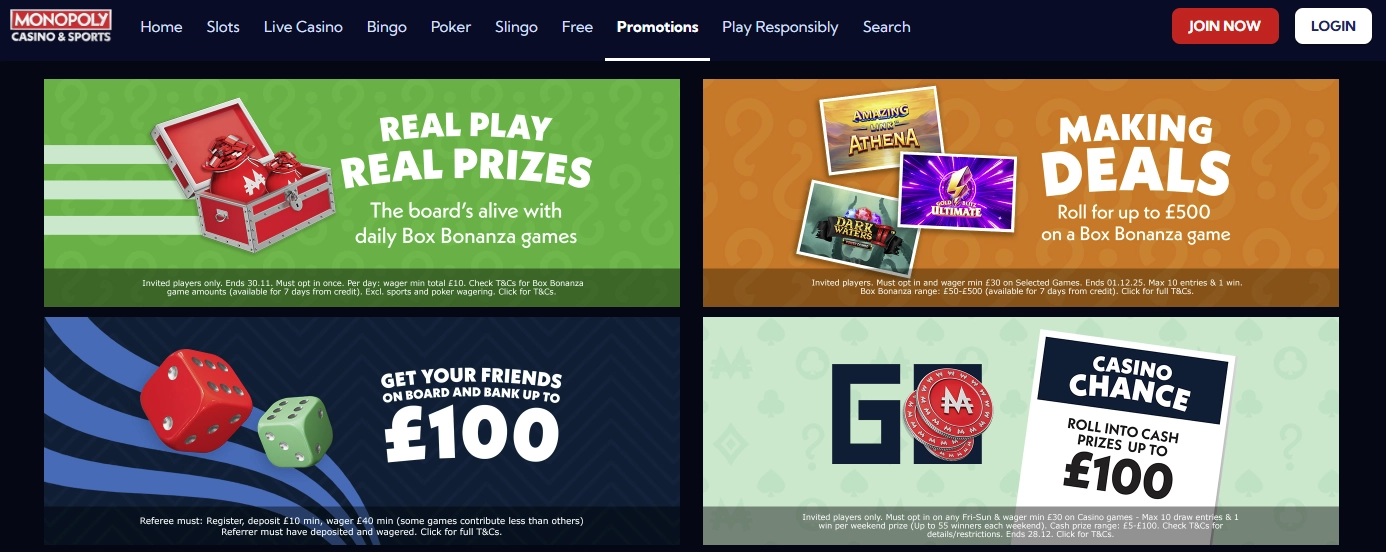 Monopoly Casino bonus dashboard