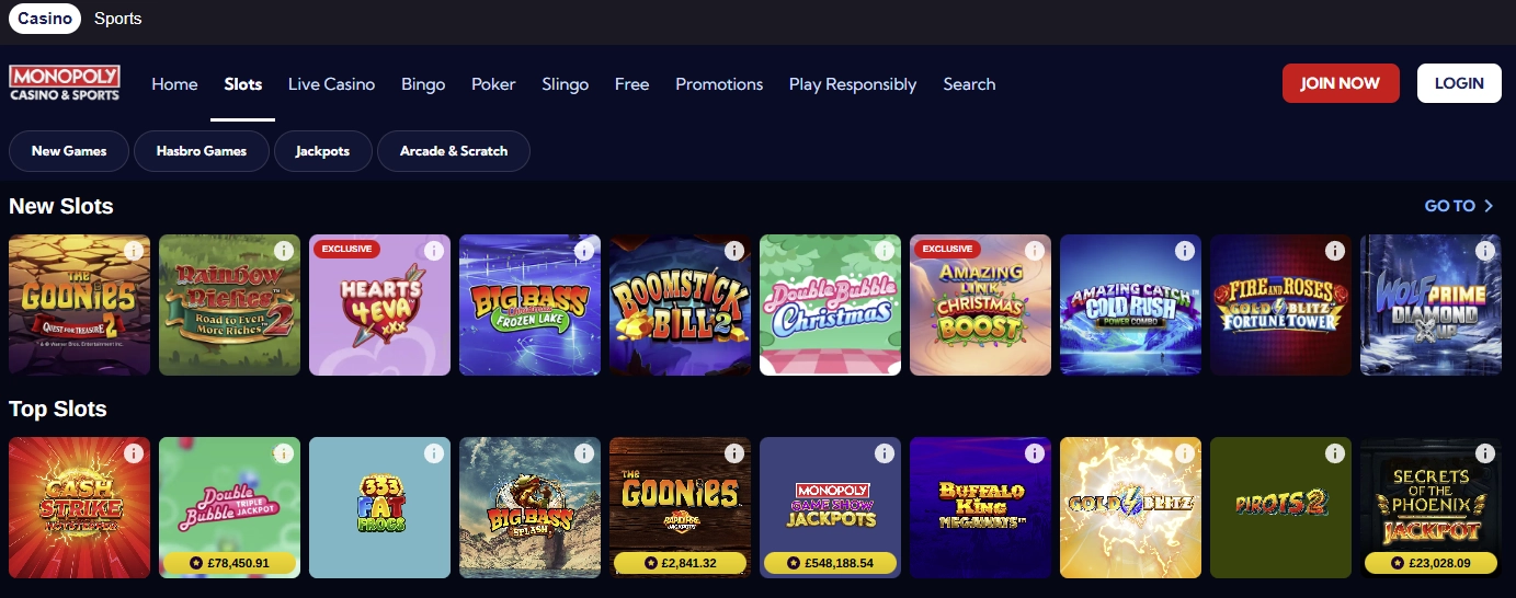 Monopoly Casino games lobby