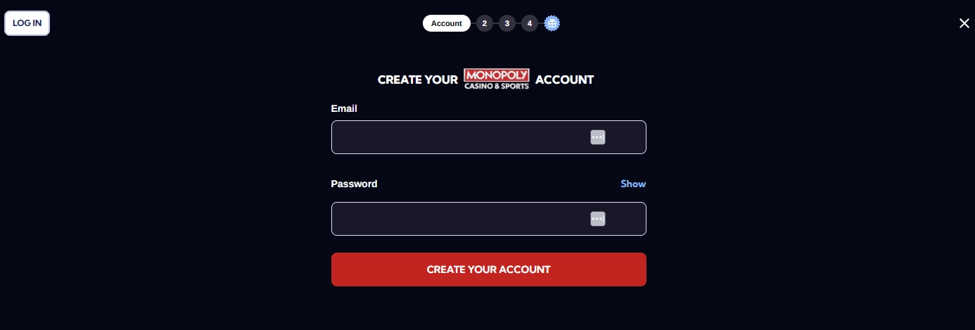 Monopoly Casino registration form screenshot